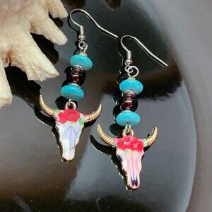 Longhorn Cattle Cow Charms Turquoise Garnet Glass Beads Handmade Earrings LR136
